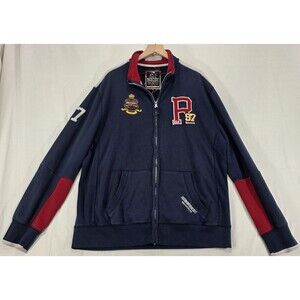 Vintage 90s Rugby USA Starter Jacket Varsity Letterman Patches Zip Navy Blue 2XL